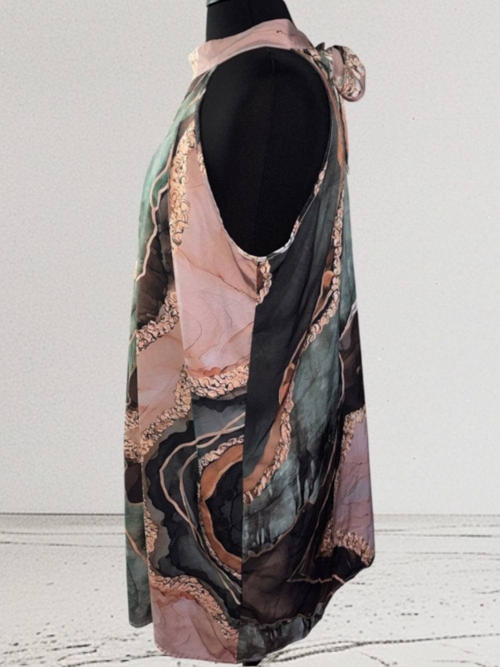 Open-Shoulder Printed Halter Dress in Teal/Peach, P2P:21”, L:37” - Picture 5 of 10